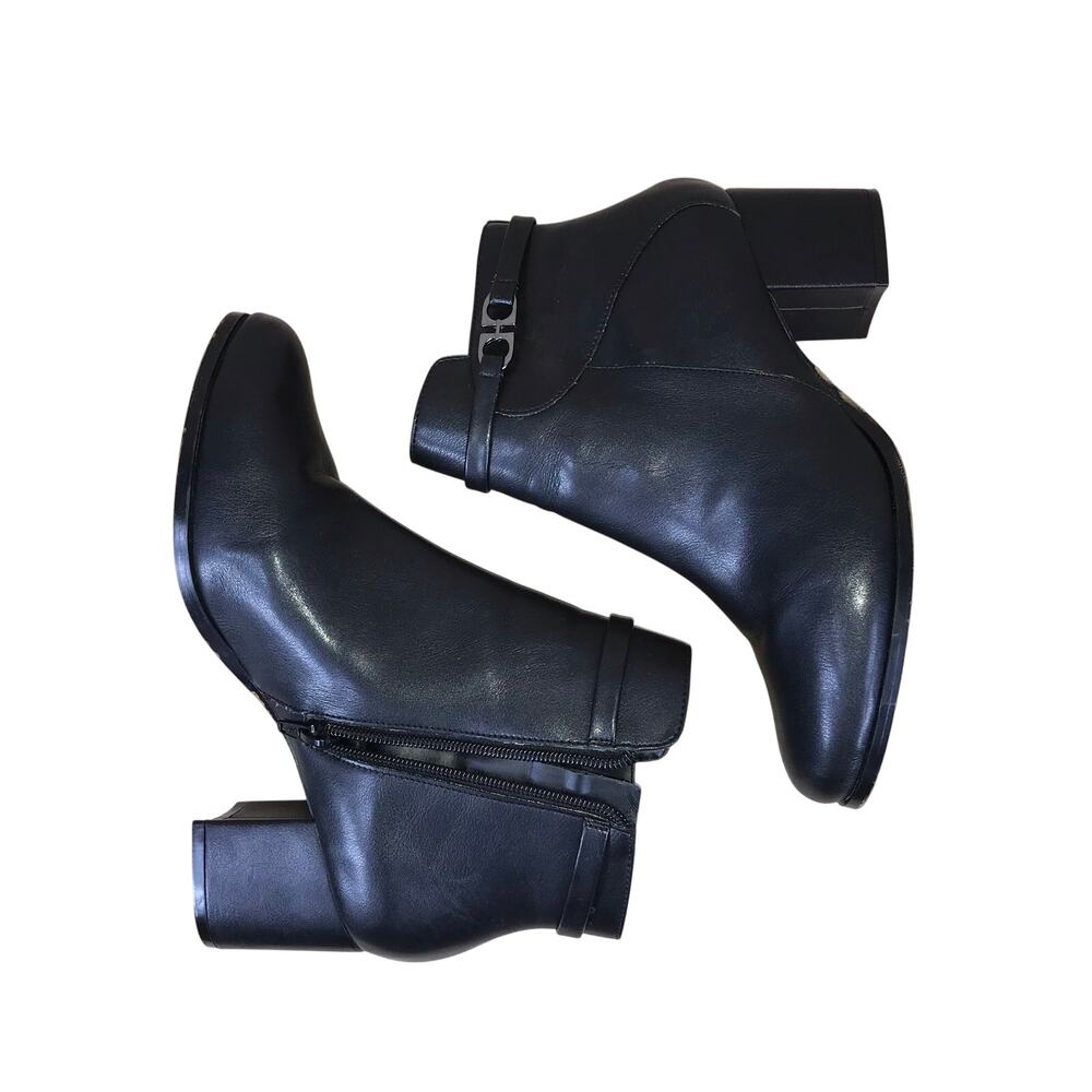 Andrea Ankle Boots Women’s 5.5 Black Block Heel Buckle Side Zip Dress Booties